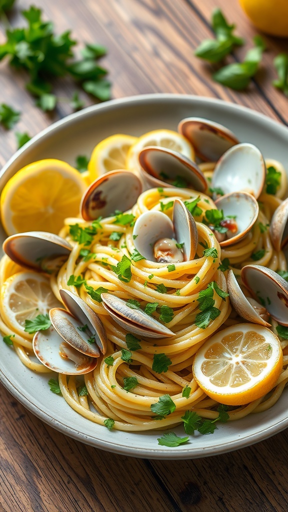 A colorful plate of clam pasta with green herbs and lemon, set on a wooden table.